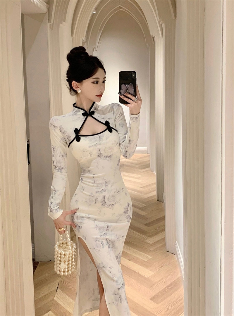 ドレス パーティードレス 花柄ドレス 二次会ドレス ナイトドレス セクシードレス コスプレ ロング マキシ丈 長袖 スレンダーライン サイドスリット 谷間 きれいめ 大人 上品 おしゃれ お洒落