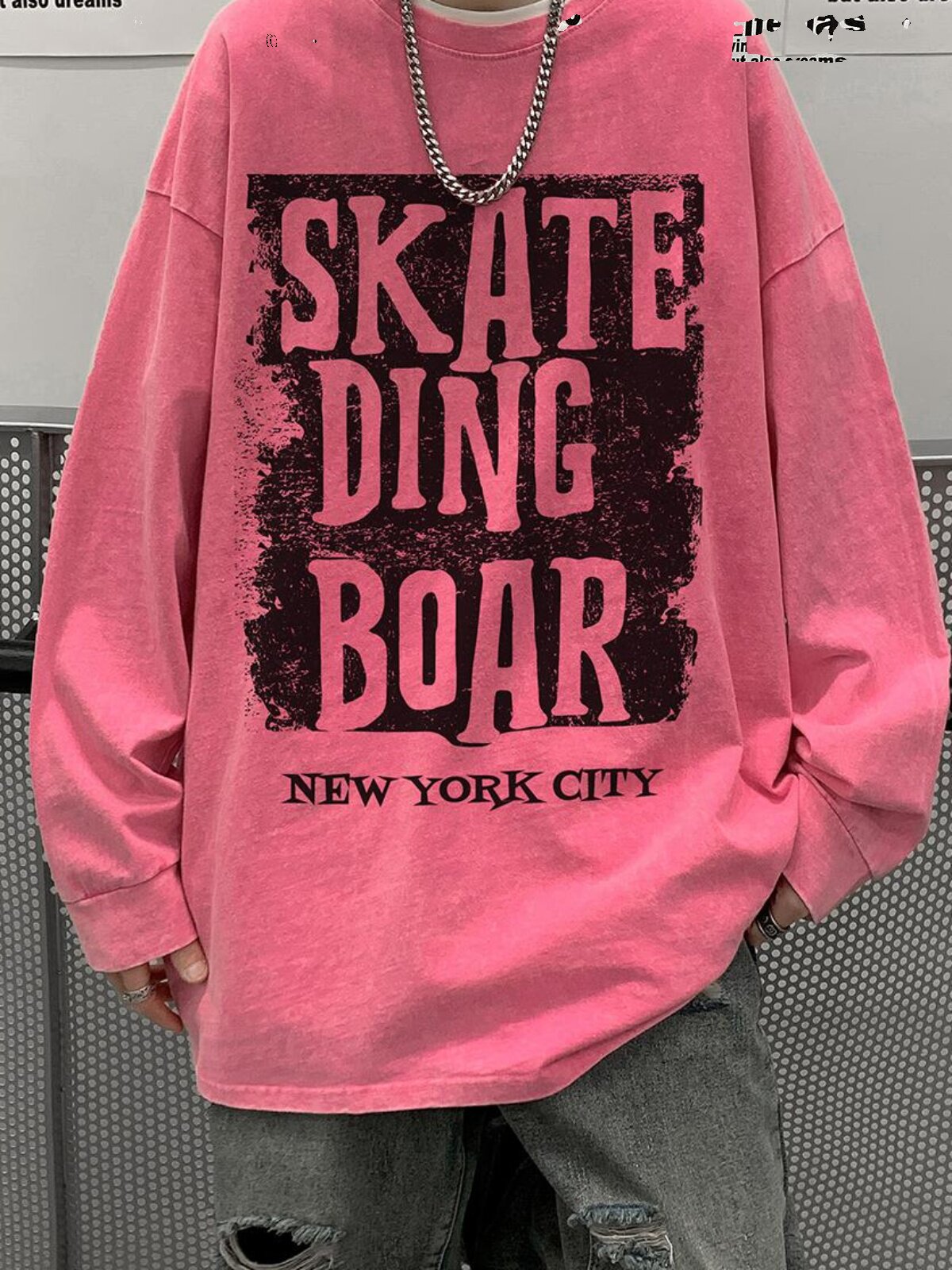 ウォッシュ加工の長袖Tシャツ メンズ 秋の レトロ ヘビーウェイト トレンドプリント スウェットシャツ ベースレイヤー