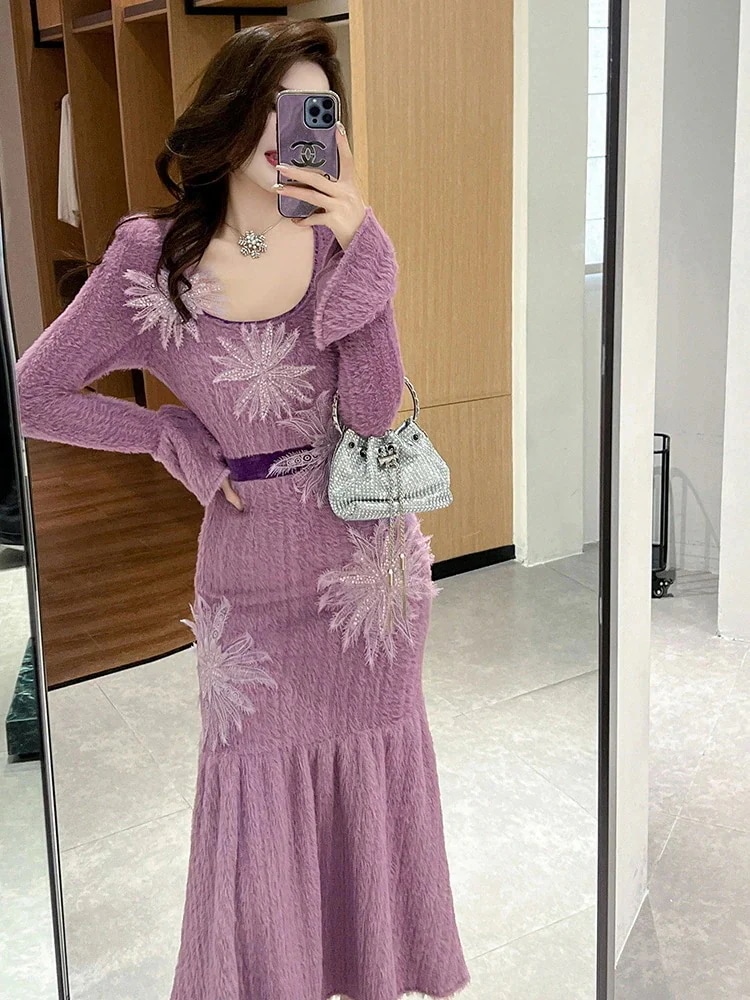 [急速出荷]二次会 ウェディング 演奏会 結婚式 卒業式 披露宴 同窓会 大人 キャバ パーティー ドレス 花柄 マーメイド ニットワンピース 2025秋新品