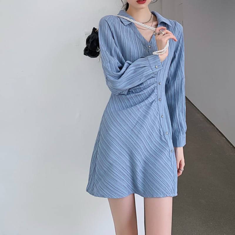 レディース ワンピース シャツ ミニ丈 長袖 ブルー クラシック 大人 大人女子 大人フェミニン お洒落 春夏 春 秋冬 秋 冬 ママコーデ 20代 30代 40代 デート お出かけ 普段使い 韓国