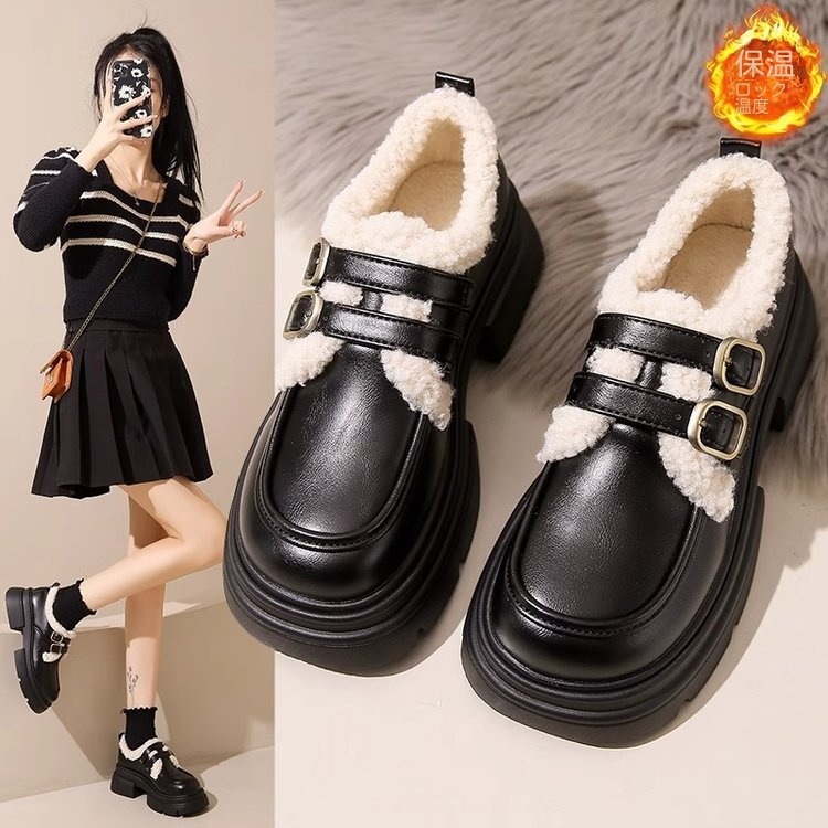 厚底ギャザー楽福靴女性新型秋冬英倫風小革靴毛足靴保温バックル綿靴