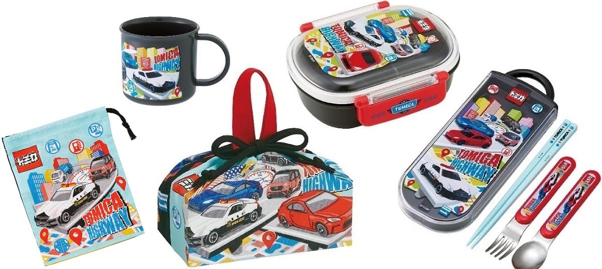スケーター(Skater) トミカ 25 抗菌 食洗機対応 ふわっとフタタイトランチボックス 小判型 お弁当箱 360ml トリオセット (箸/スプーン/フォーク) コップ コップ袋 ランチ巾着 働く