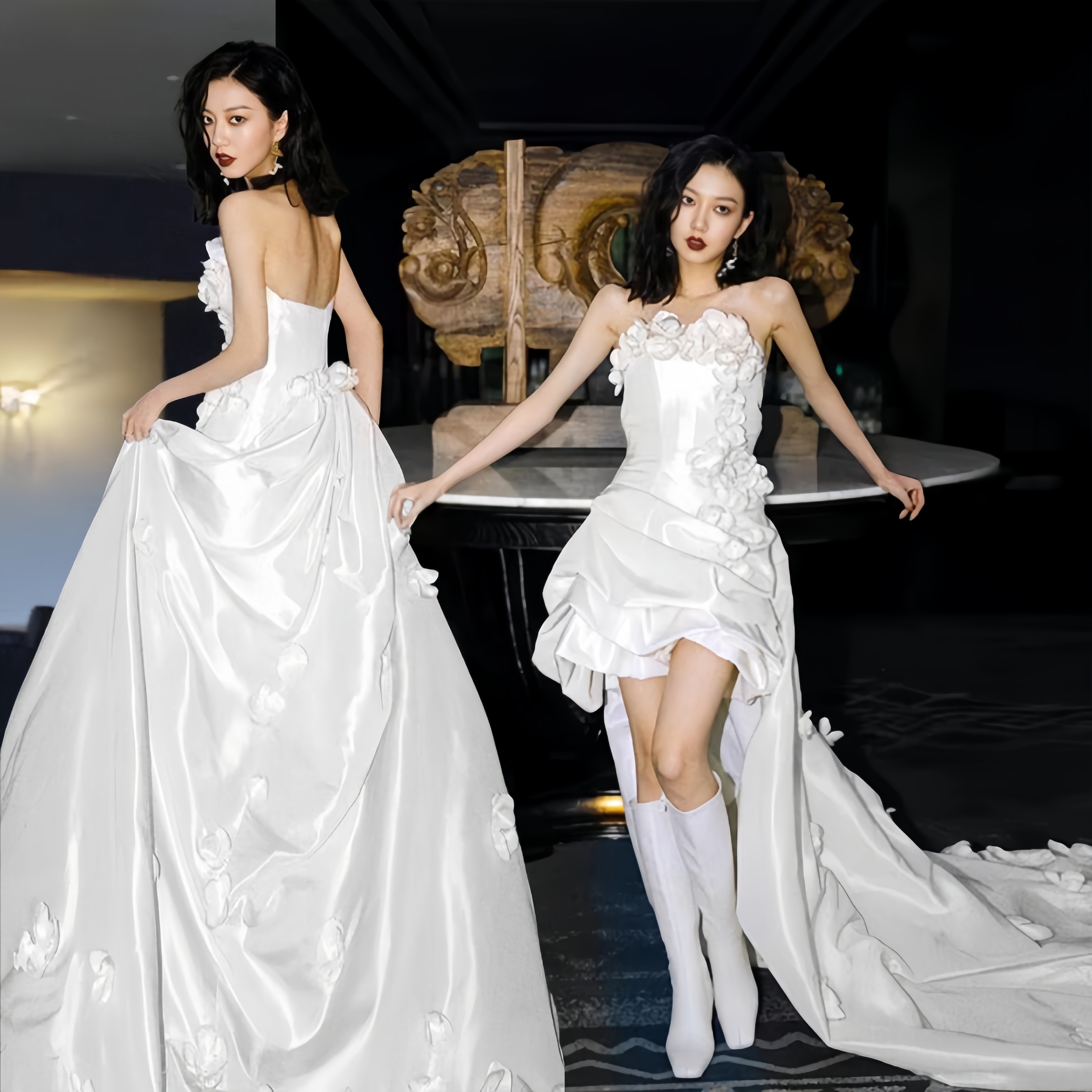 ウェディングドレス スレンダー 前は短く後ろは長いドレス 花嫁 ホワイトドレス 披露宴 二次会 前撮り 白ワンピース ドレス 立体花 フォトウエディング ロングドレス 大人 大きいサイズ