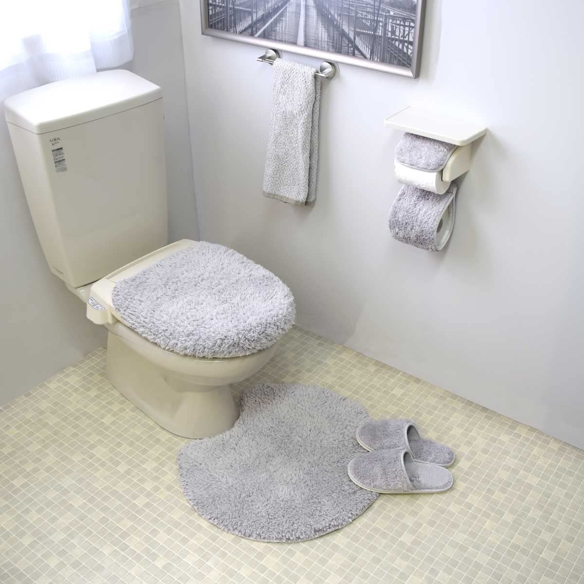 San-Luna トイレタリー 5点セット「マシュマロ」グレー 洗える 日本製 トイレマット 55cm × 60cm トイレふたカバー スリッパ トイレットペーパーホルダー フェイスタオル 吸水 速乾