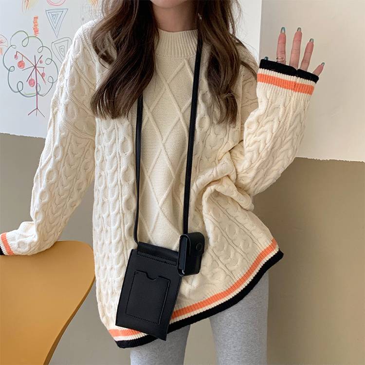 トップス セーター ミディアム丈 袖あり 長袖 萌袖 ラウンドネック 襟なし 細身 ケーブルニット ニット 厚手 かわいい シンプル カジュアル おしゃれ 大人可愛い こなれ感 ラフ ラブリー キュー