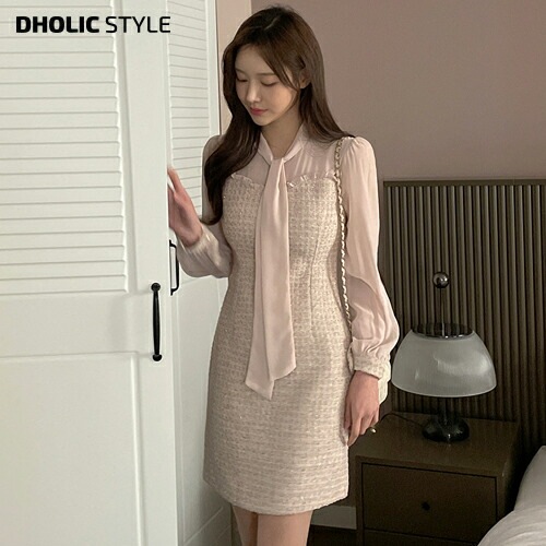 [メガ割りSALE]シースルーボウタイツイードワンピース・p626490