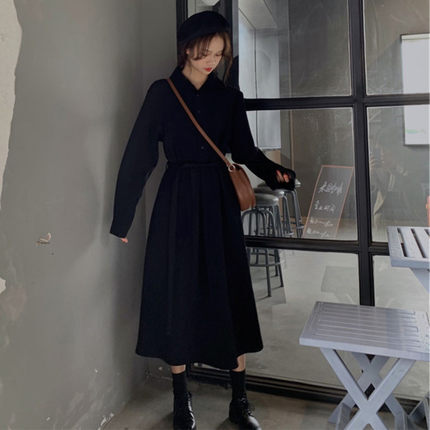 ワンピース デート シャツワンピース ミモレ ミモレ丈 袖あり 長袖 春 秋 10代 20代 30代 個性的 ブラック M L XL 2XL 3XL 4XL ウエストマーク ロング丈 シック