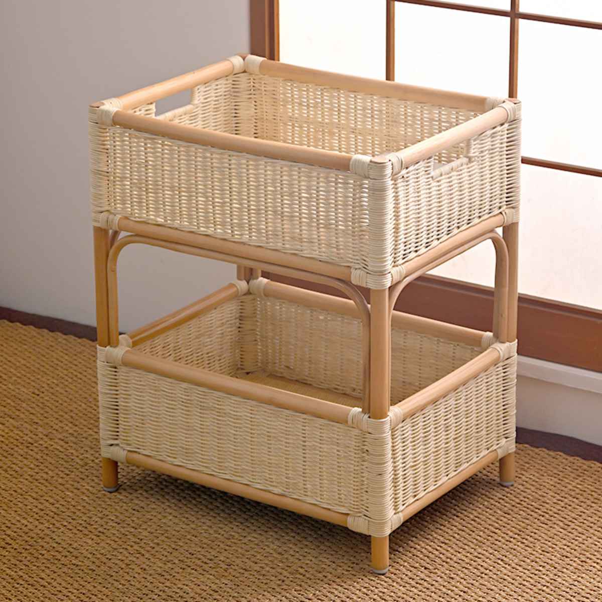 籐 ランドリーバスケット 高さ61cm 2段 ラッカー塗装 天然素材 ラタン バスケット 棚 カゴ 収納 ラタン製 完成品 ランドリーラック 脱衣かご 籐家具 脱衣所 ランドリー 通気性 軽量