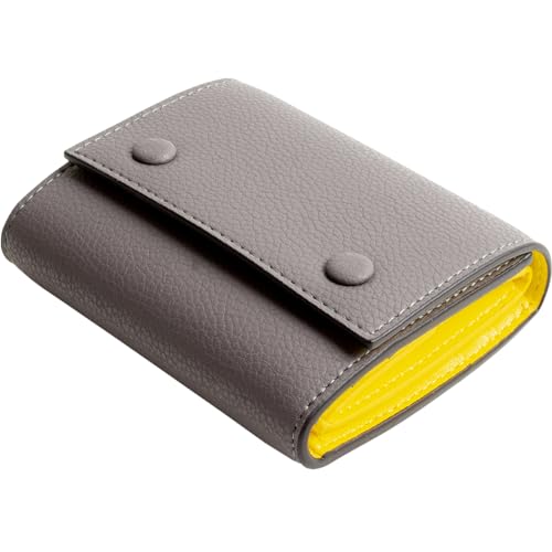 [] 三つ折り財布 レディース ボックス型 小銭入れ 牛革 レザー カード入れ 大容量 ミニ財布 コンパクト 小さい財布 メンズ ミニウォレット グレー/イエロー