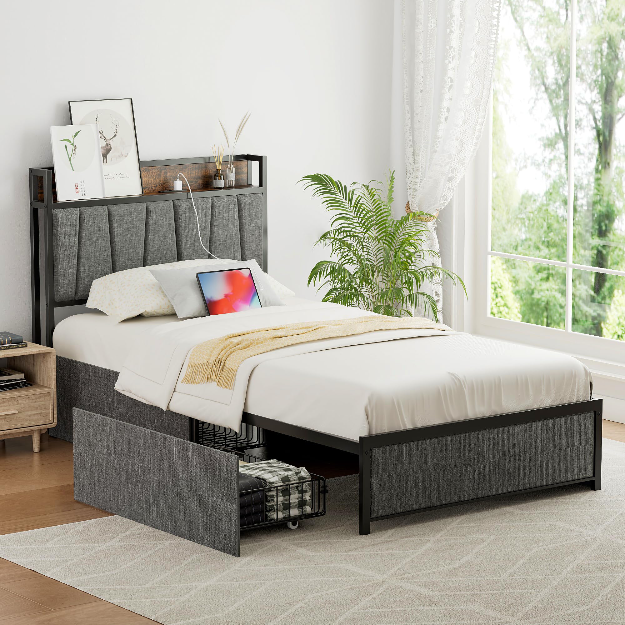 ベッドフレーム ベッド 宮棚 2口コンセント シングルベ パイプベッド ２引き出し 耐荷重300kg スチール サイレンス 静音 頑丈 安定 ローベッド シンプル 下収納可能 一人暮らし ナチュラル