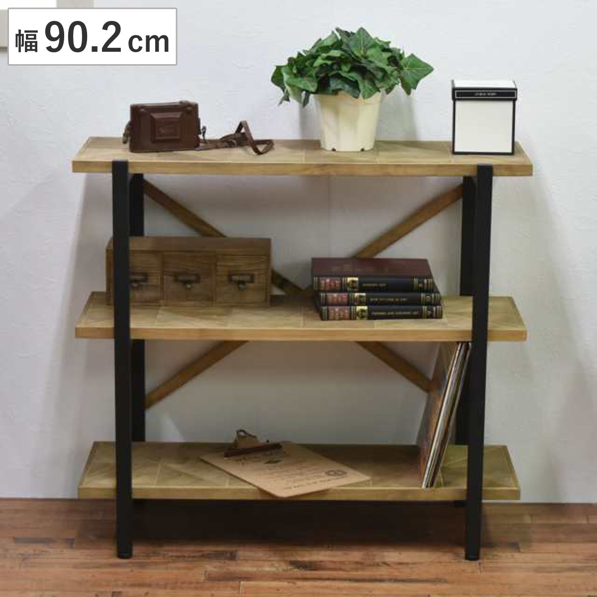 オープンラック 幅90cm 3段 組木 古材風 KALEIDO 本棚 収納棚 収納ラック シェルフ フリーラック アイアンシェルフ ラック オープンシェルフ 飾り棚 棚 リビング収納 家具