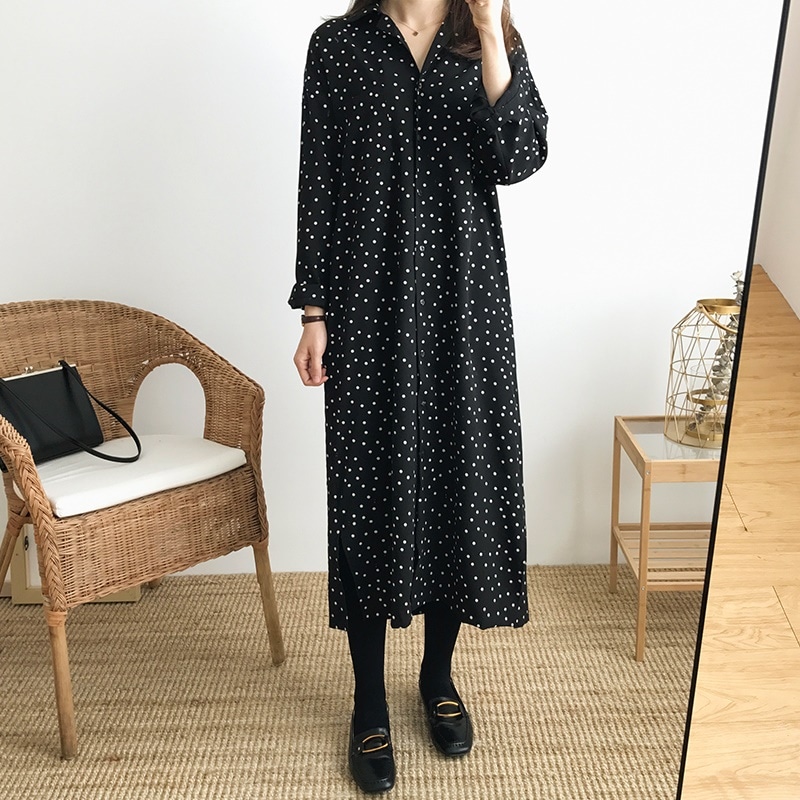 ドットシャツワンピース 着回し 楽ちん ゆったり ガーリー 0419t