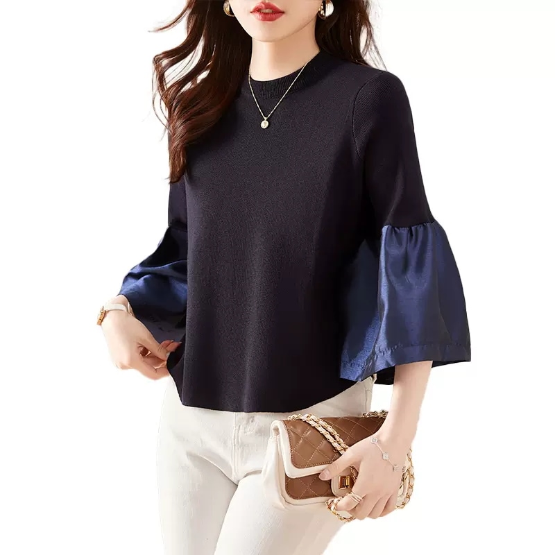 トップス 7分袖 ボリューム袖 トランペットスリーブ ラウンドネック プルオーバー かわいい 大人可愛い きれいめ シンプル カジュアル 大人 上品 おしゃれ お洒落 かっこいい レトロ 大人女子