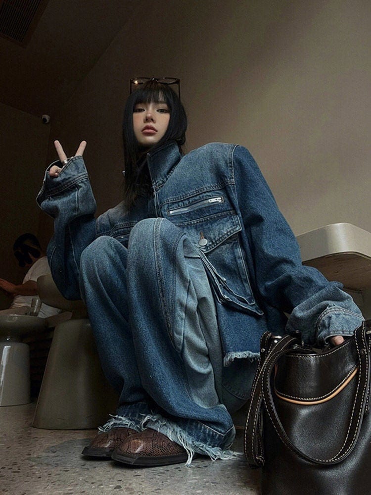 デニムスーツ2点セット女性のための2枚のスーツ2024新しい直角ショルダーパッド破壊ショートプロファイルデニムジャケットレトロパンツ