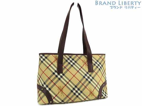 美品バーバリーヘイマーケットチェックトートバッグハンドバッグショルダーバッグベージュブラウンレザー