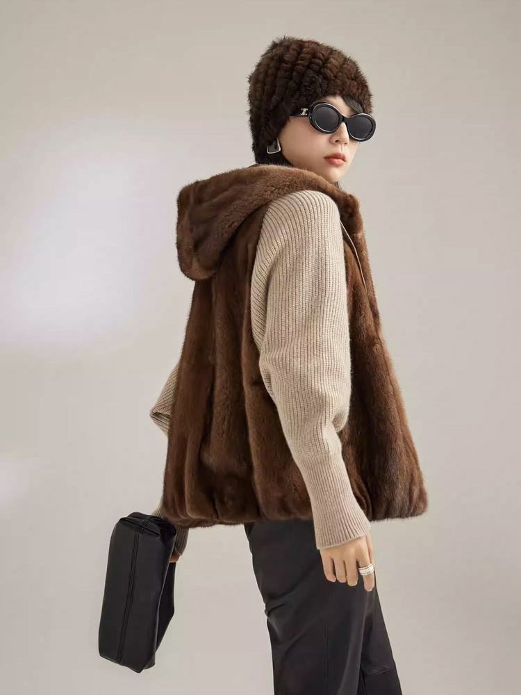 【ミンクカシミヤ使用】フード付きフェイクファーベスト レディース 防寒 カジュアル エレガント 秋冬 ライトブラウン グレー ダークブラウン ベージュ ワンサイズ