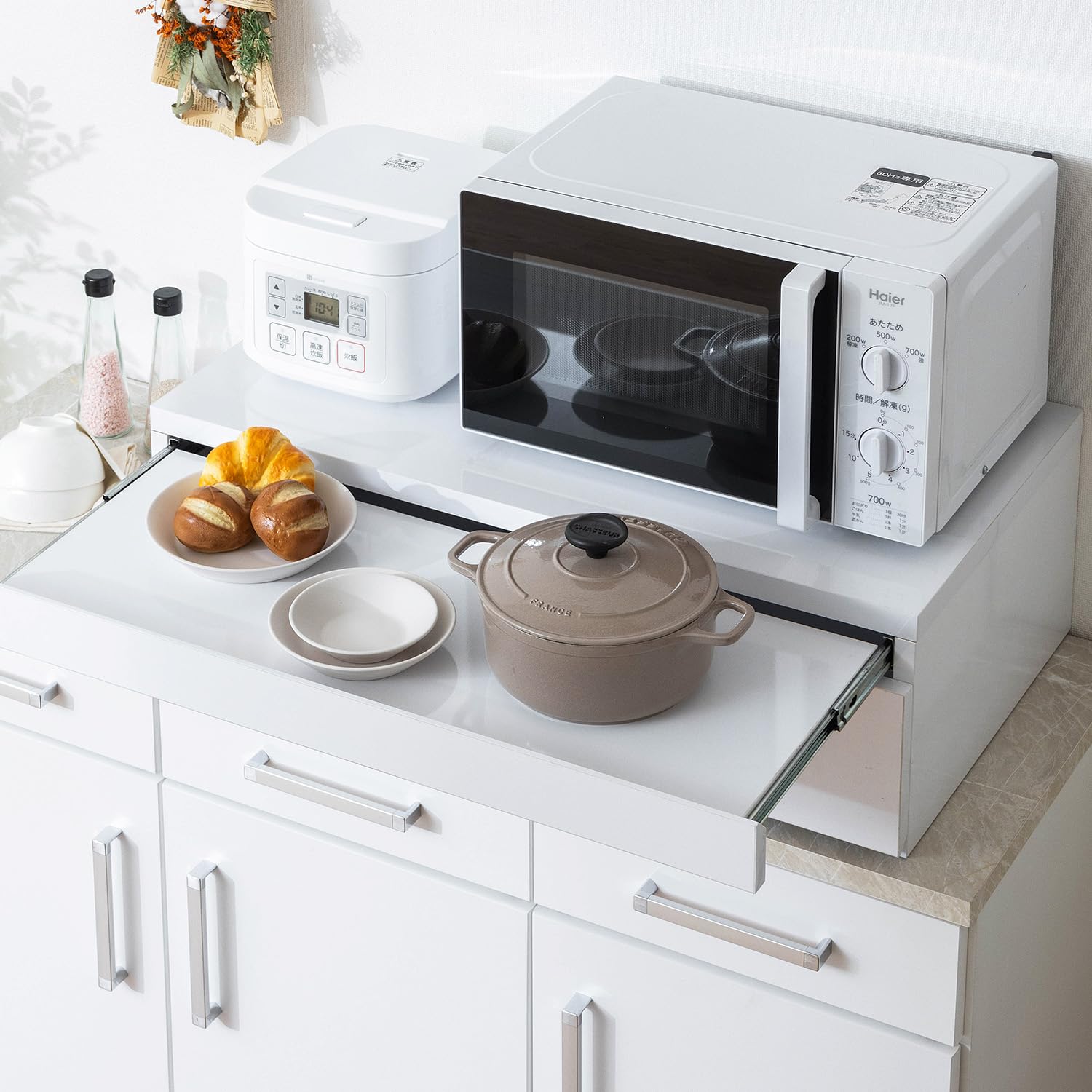 レンジ台 幅45cm スライドテーブル レンジ下 収納 引き出し レンジ下トレー スライドトレー キッチン トースター オーブン ラック ホワイト