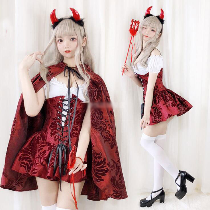 「新品販売」A111「即納」小悪魔コスチューム 大人ハロウィンコスチューム ハロウィン衣装 レディースコスチューム 半袖ミニドレス ローネック ショート丈スカート ゴシック セクシー ドラキュラコスプ
