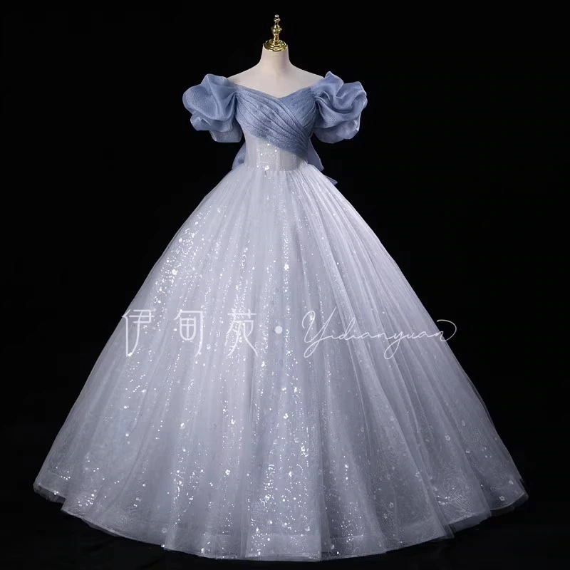 ソロステージパフォーマンスパフィースカート学生パフォーマンスボーカル試験の服装のための夏の新しいスタイルのロングイブニングドレス