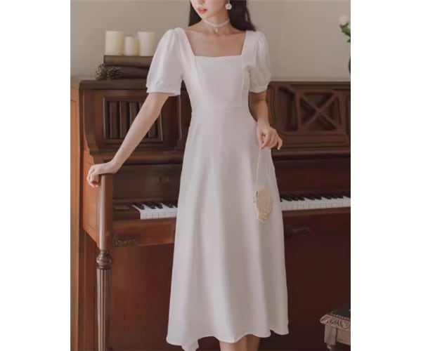 レディース ドレス パーティードレス ウェディング パーティー 結婚式 二次会 披露宴 ミモレ 半袖 パフスリーブ スクエアネック スリム 細身 Aライン ファスナー ハイウエスト きれいめ シンプル