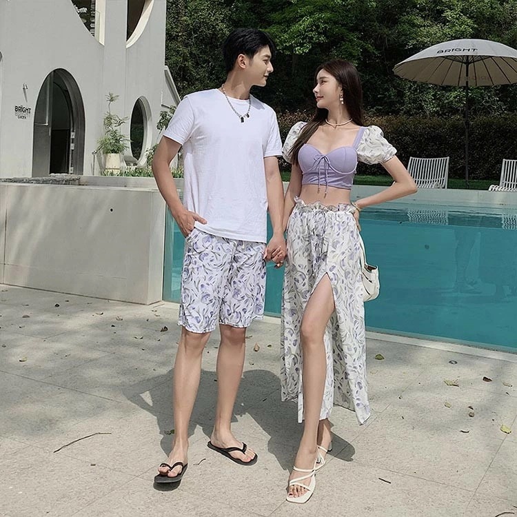 カップル値段 ペア 水着 ペアルック カップル 水着 おそろい お揃い 4点セット サーフパンツ ビーチパンツ 水着 レディース セパレート ロングパンツ 体型カバー カップル水着 ペア水着 大きいサ