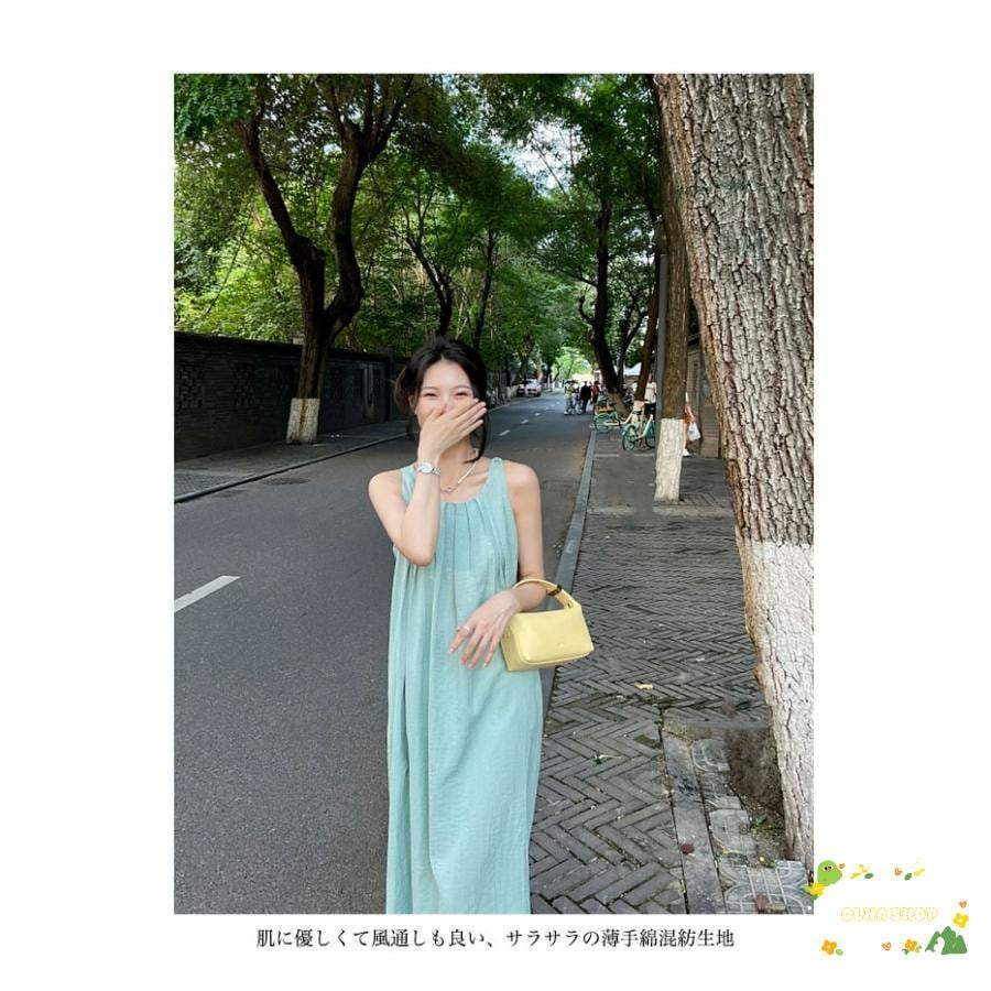 タンクワンピース 夏 レディース 森ガール ワンピース 体型カバー ノースリーブ 背中開き 肌見せ ロングワンピ Aライン ギャザーワンピース