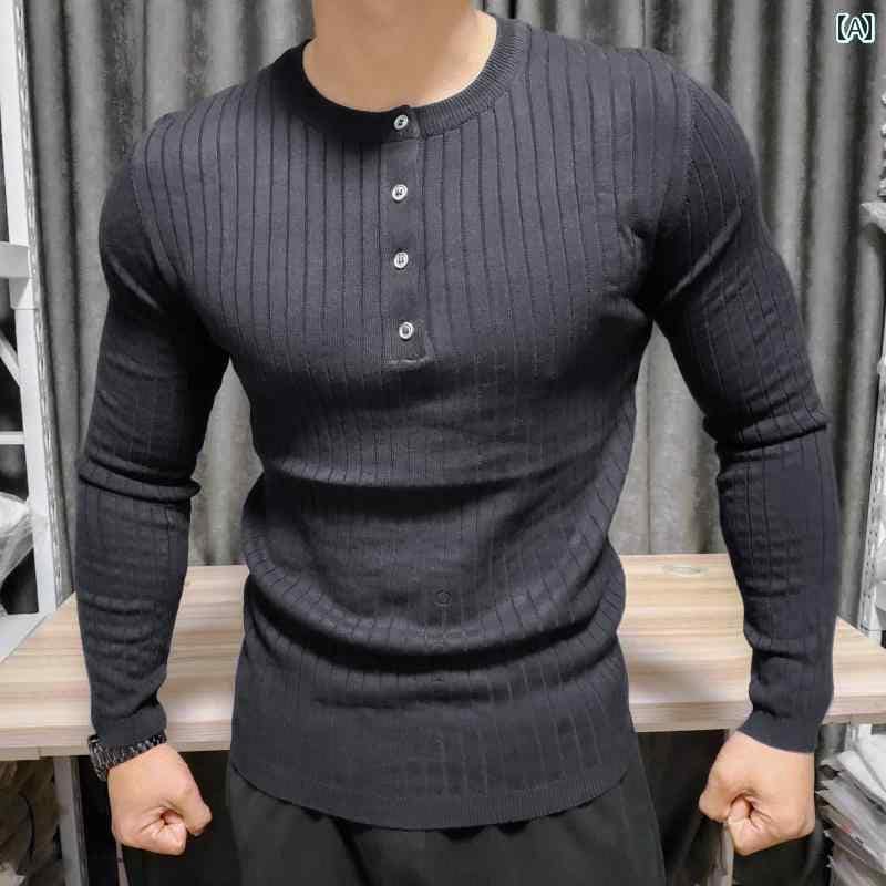 シャツ メンズ マッスル 秋冬 ヘンリー セーター プルオーバー 長袖 スポーツ フィットネス 暖かい 厚手 インナー セーター