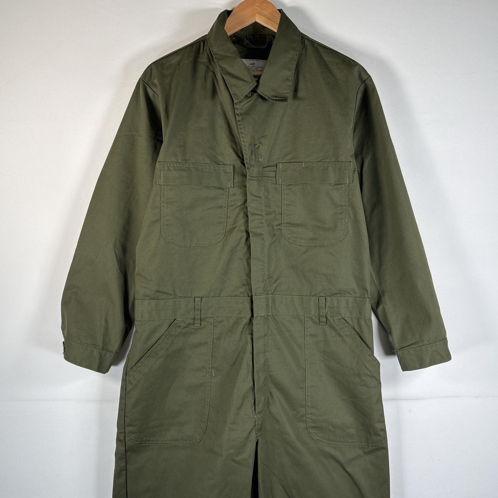 古着 ミリタリー 長袖つなぎ オールインワン ワーク 作業着 米軍実物 ベルトループ ダブルファスナー サイドポケット 44R カーキ系 メンズ