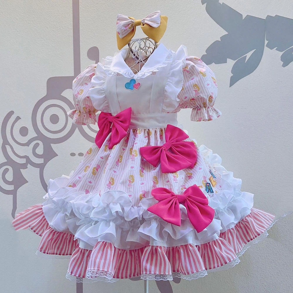 人魚姫柄　カフェメイド服　荷葉フリル　ピンクメイドコスプレ　可愛い　女子　ワンピース