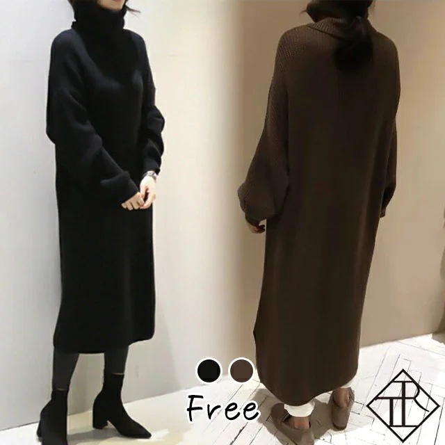 【即納】ワンピース レディース ニットワンピース 秋冬 ロングワンピース 長袖 秋 ニット ワンピース 大きいサイズ ワンピース ひざ丈 ローゲージ スリット ハイネック ロング 丈 シンプル 大人