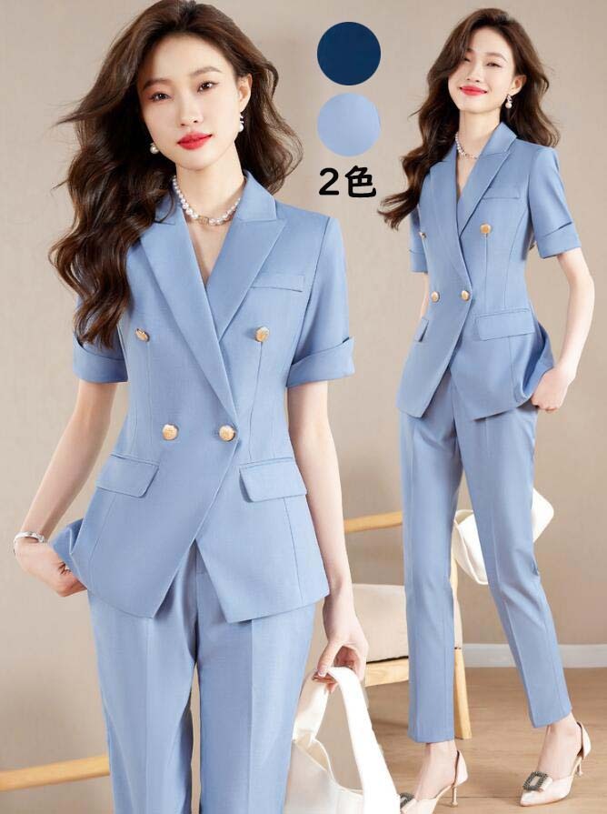 【期間特恵】レディース スーツ パンツスーツ 2点セット 半袖 ダブルブレスト ビジネススーツ 春夏 ジャケット+ズボン リクルートスーツ フォーマルスーツ セットアップ カジュアル 七五三 入学 卒