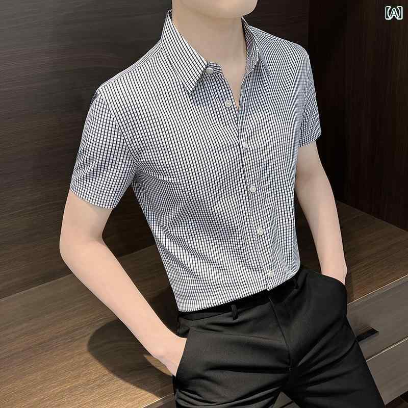 Yシャツ メンズ トップス シャツ おしゃれ チェック柄 半袖 七分袖 夏 スリムフィット カジュアル オフィス スタイリッシュ アーバン 大人 紳士服