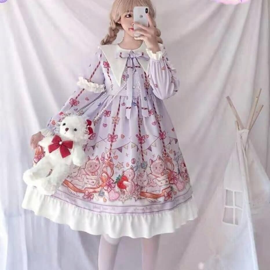 オリジナルエレガントロリータドレス和服ソフトガール春夏キャットパーティーP長袖女性