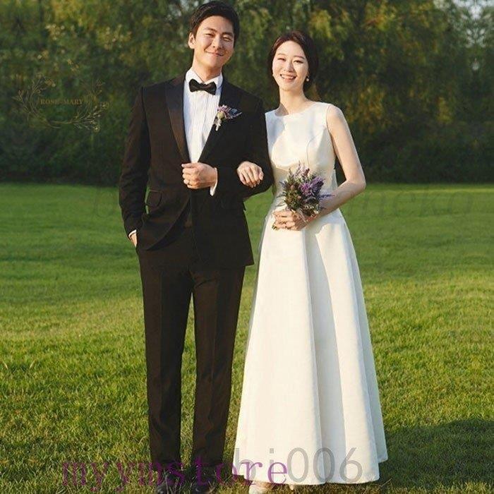 二次会 花嫁 白 ワンピース ウエディングドレスマキシ丈 結婚式 ドレス お呼ばれ シンプル フォーマル エレガント 前撮り海外 披露宴 ロング丈 フレア Aライン