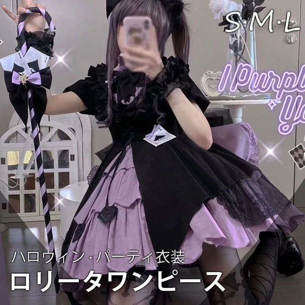 ワンピース ロリータ ハロウィン 怪盗風 魔術師 マジシャンガール ショート丈 ミニ レディース ゴスロリ ハイウエスト Aライン 洋服 ロリィタファッション 半袖 可愛い 日常 仮装 ステージ