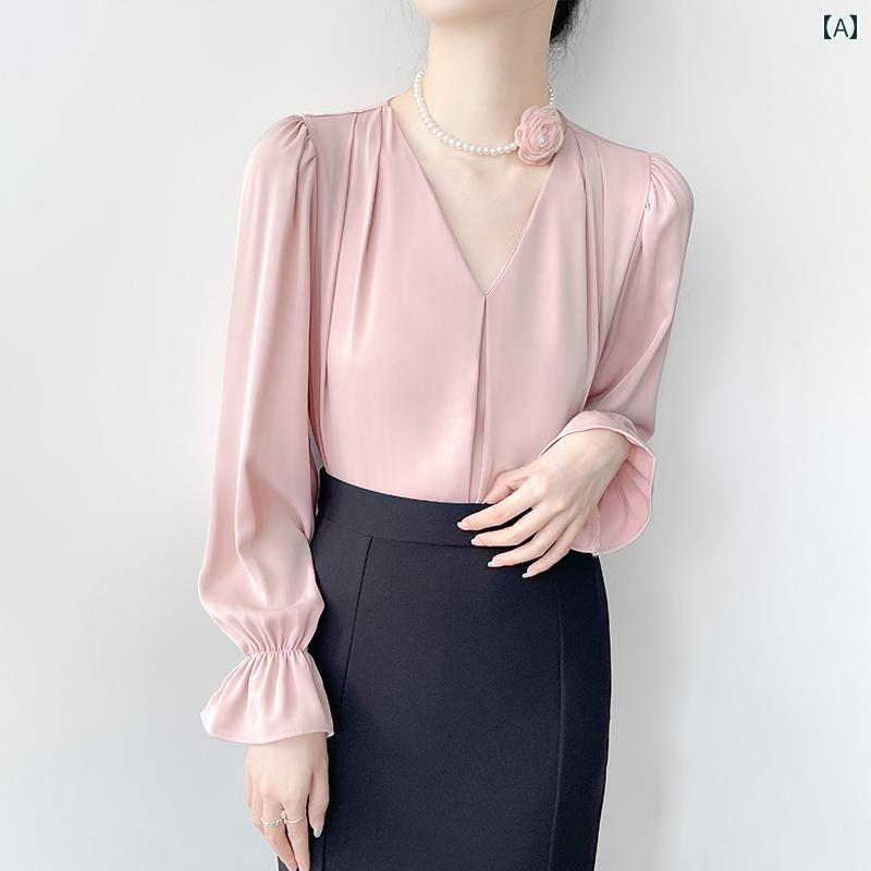 レディース 白シャツ ブラウス 長袖 春秋 Vネック 白 薄ピンク フラワーパールネックレス装飾 フレンチスタイル ワードロープ フレアプリーツ 袖口フリル エレガント シンプル ミニマル フォーマル