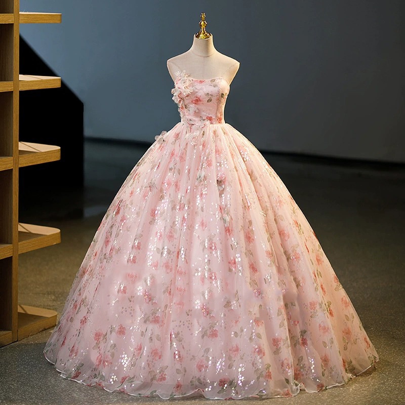 イブニングドレス女性宴会司会者フレンチスタイルパフォーマンスドレスピンクベルカントソロボーカルプリンセスチュチュスカート夏