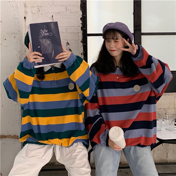 原宿 レディースファッション 新作入荷 ボーダー柄 長袖 スウェット トレーナー カラフル 派手 カワ ダンス かわいい 青文字系 トップス な 個性的 衣装 服 奇抜