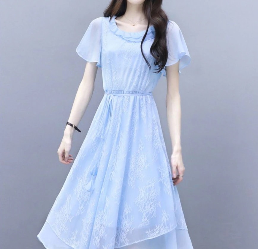 ワンピース ミモレ ミモレ丈 袖あり 半袖 ラウンドネック 襟付き Aライン レース フリル リボン ウエストマーク ウエストリボン ハイウエスト 薄手 かわいい 大人可愛い きれいめ シンプル