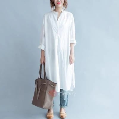 ワンピース シャツ レディース 長袖 Vネック ミモレ かわいい 大人可愛い きれいめ カジュアル 大人 上品 おしゃれ お洒落 無地 春 秋 ママ 学生 デート 楽ちん フリーサイズ ホワイト 5,780円
