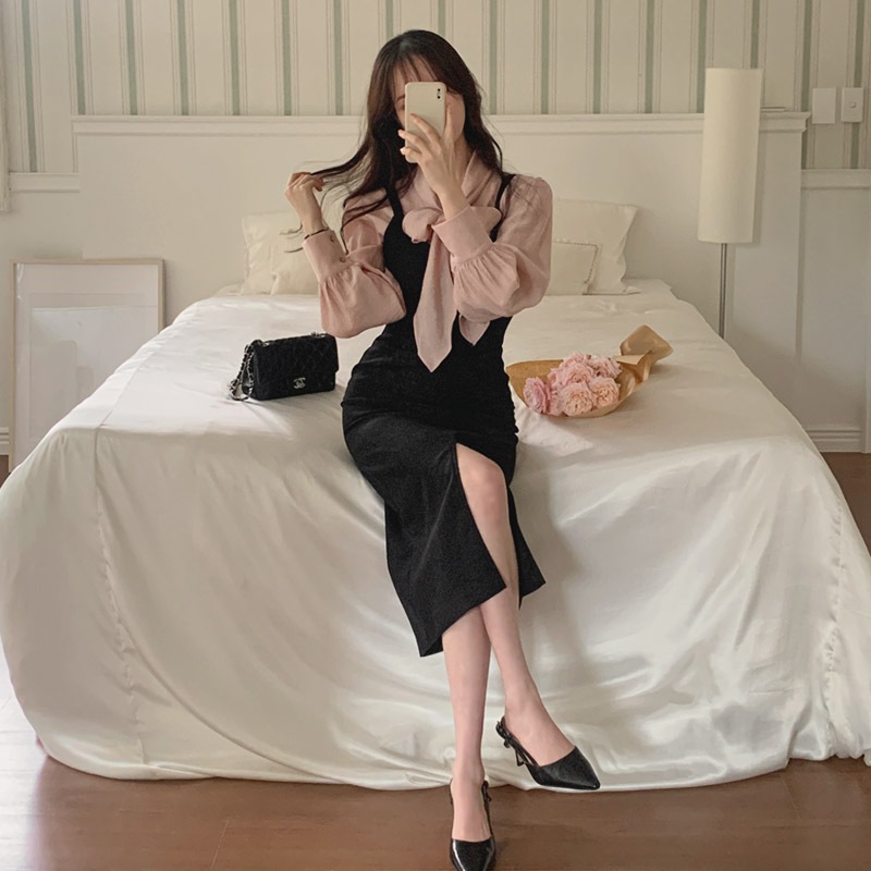 [top0617] 韓国ファッション起毛スリットビスティエロングワンピース