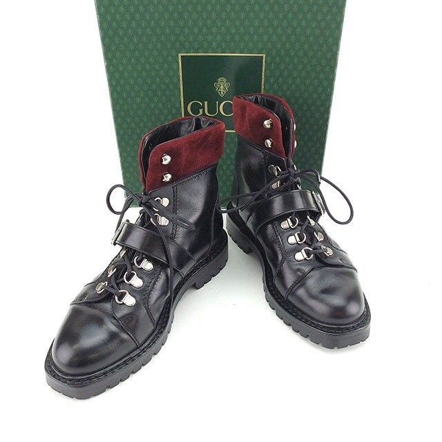 ブーツ シューズ 靴 レースアップ 5B ショート ブラック ボルドー シルバー 中古