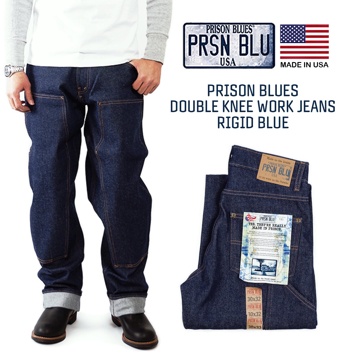 プリズンブルース PRISON BLUES ダブルニーワークジーンズ リジッドブルー メンズ レギュラーサイズ アメリカ製 米国製 MADE IN USA デニム ペインターパンツ ハンドメイド
