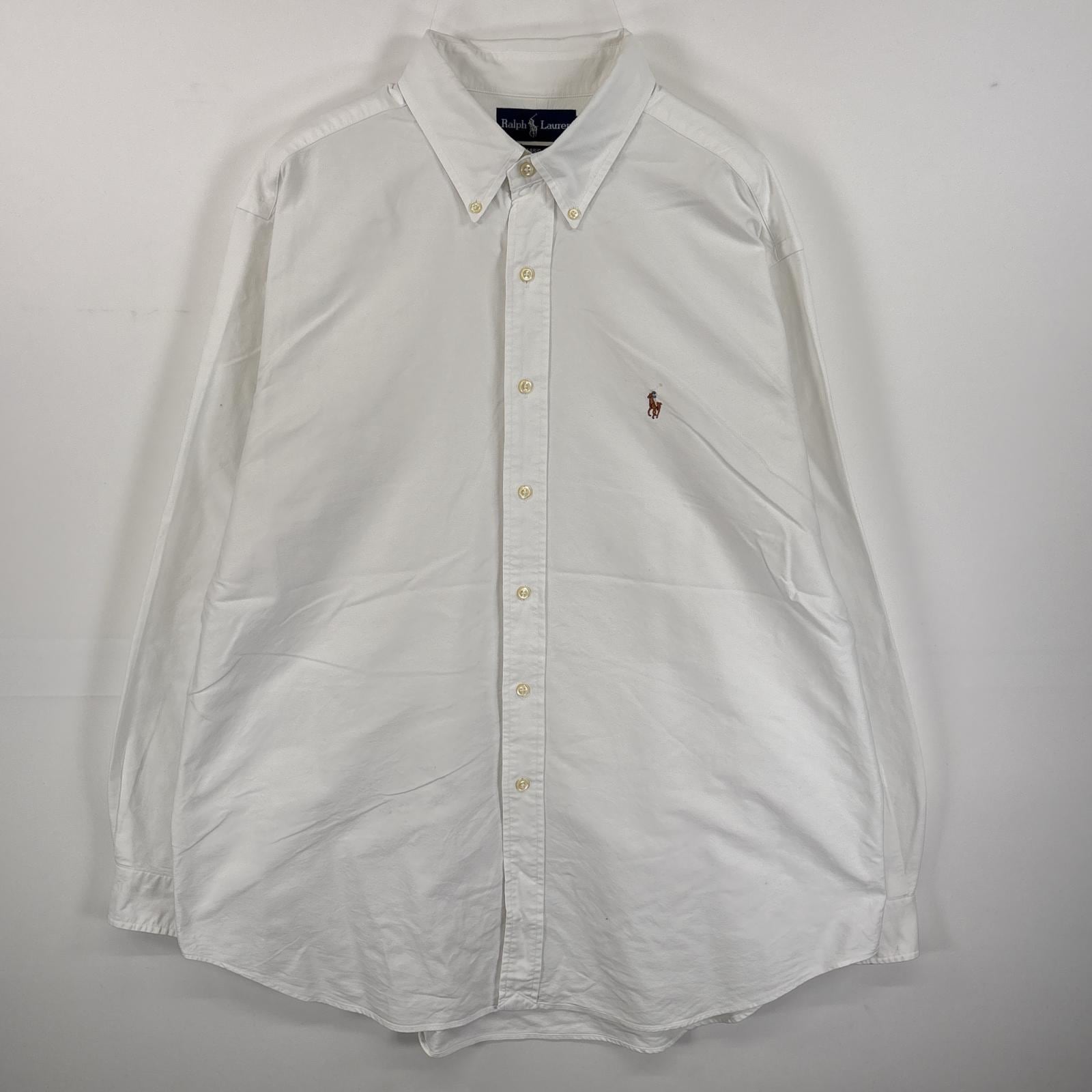 古着 長袖シャツ ボタンダウンシャツ ワンポイント ロゴ 刺繍 大きいサイズ 17 1/2 XL-2XL ホワイト 無地 メンズ