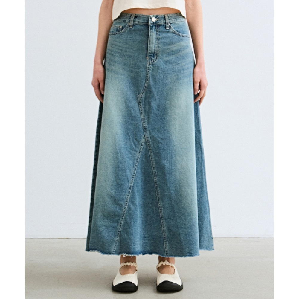 ニック&ニコールラインフレアロングデニムスカート_ブルー