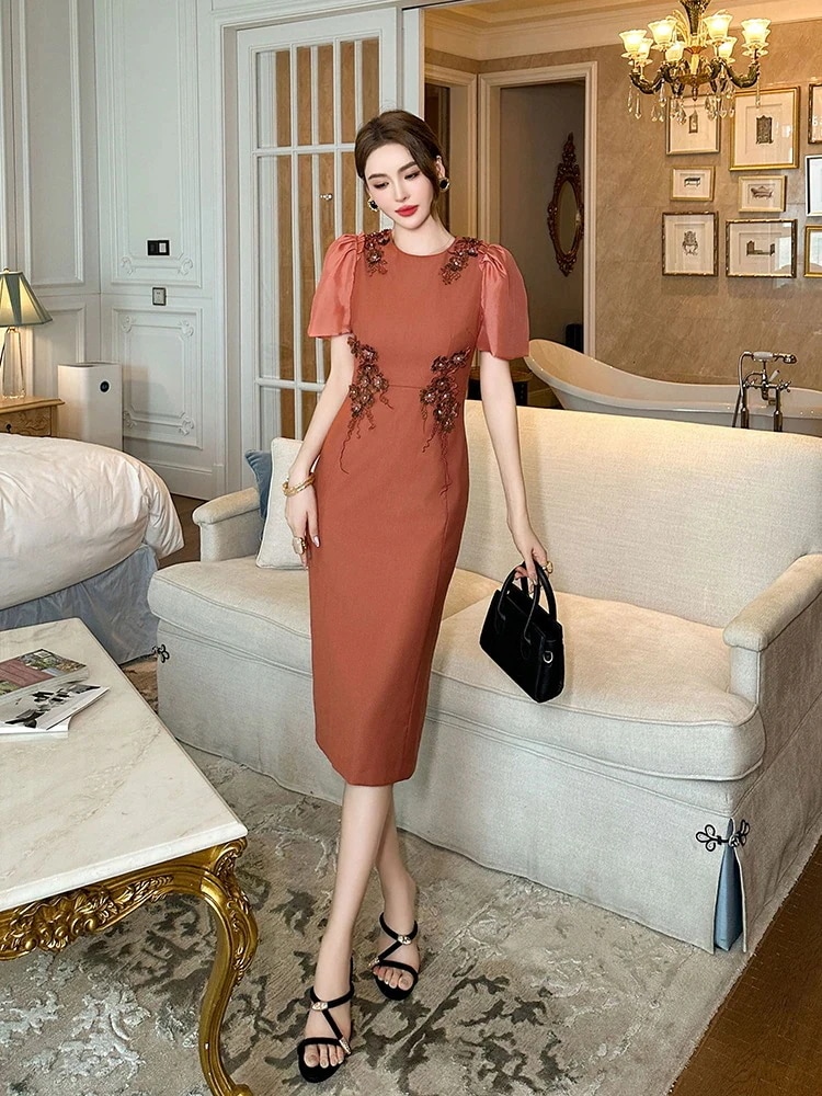 無料！新作 【JY.上品】 2024夏新品 レトロ 花飾り ワンピースドレス パーティー キャバ 着痩せ 大人 同窓会 披露宴 卒業式 結婚式 演奏会 ウェディング 二次会 メガ割