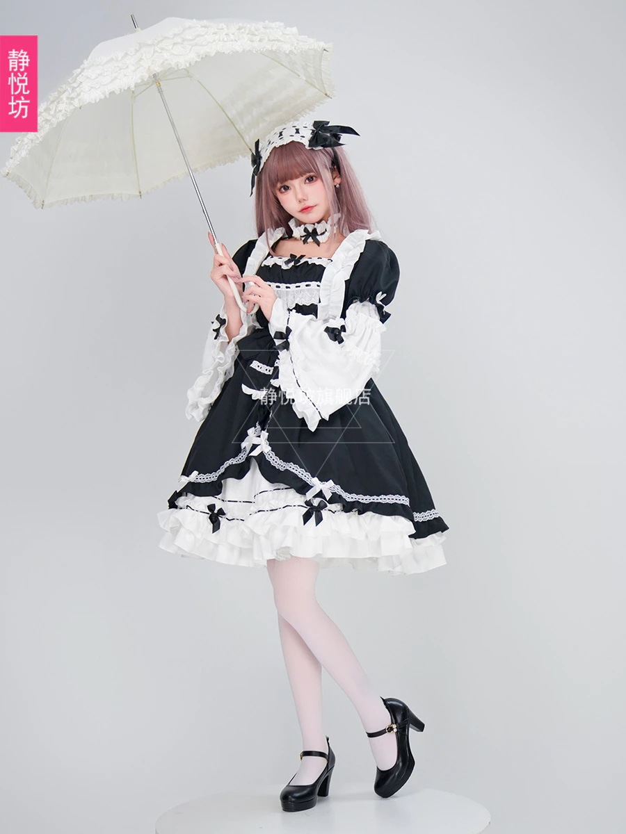 日系ロリータ洋装ゴシックダーク宮廷OPワンピースロリータロリ姫白黒メイド服