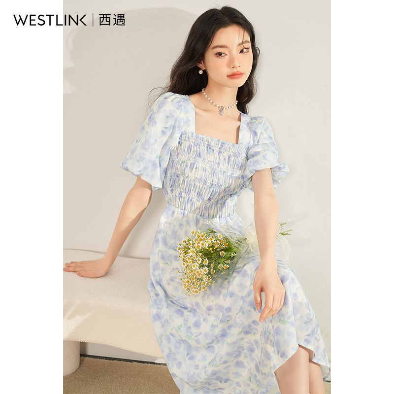 【急速出荷!】プリントドレス女性スクエアネックバブルスリーブブルー花ウエストリゾートスタイルロングドレスワンピース パーティードレス パーティドレス ドレス ロングドレ パーティードレス 結婚式 二次
