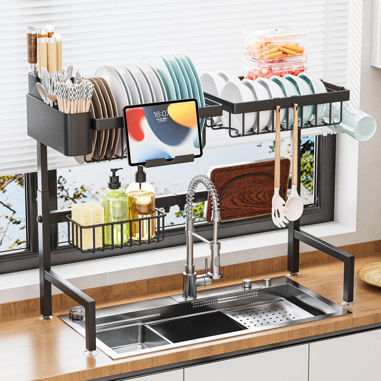 食器収納シンク上水切りラック サイズ拡張可能幅6886cm 2段式 流し台ラック設置可能 大容量収納 自動排水 多機能 包丁・まな板スタンド付き キッチン収納