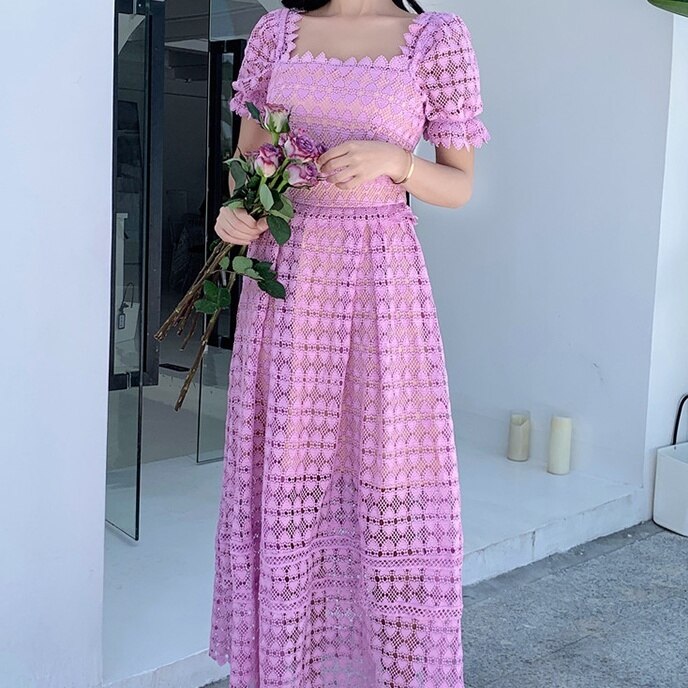 レディース ワンピース ロング ハイウエスト パフスリーブ スクエアネック フレア Aライン デコル